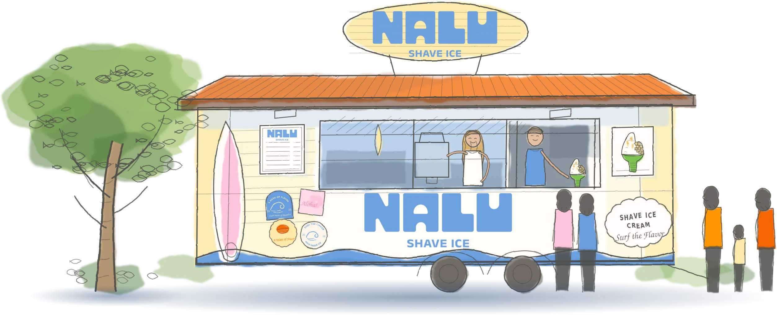 Illustration of the Nalu Shave Ice trailer, with the crew serving at the window